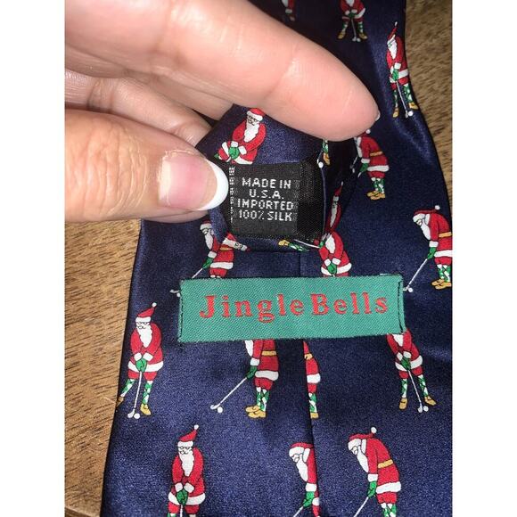 Jingle Bells Silk Christmas Necktie Golfing Santa Design Blue Men's Tie - Picture 3 of 6